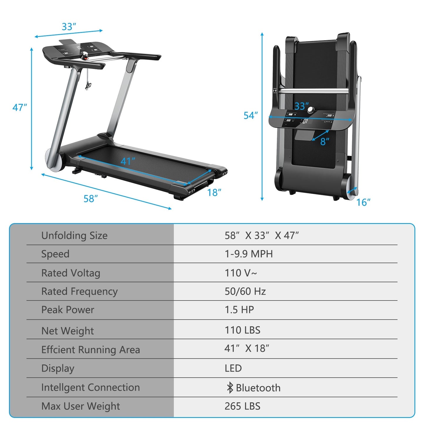 Italian Folding Treadmill with Heart Rate Belt Monitor