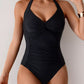 Twisted Front Halter Neck Ruched One-Piece Swimsuit