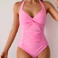 Twisted Front Halter Neck Ruched One-Piece Swimsuit