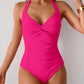 Twisted Front Halter Neck Ruched One-Piece Swimsuit