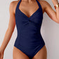 Twisted Front Halter Neck Ruched One-Piece Swimsuit