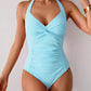 Twisted Front Halter Neck Ruched One-Piece Swimsuit