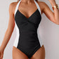 Twisted Front Halter Neck Ruched One-Piece Swimsuit