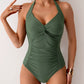 Twisted Front Halter Neck Ruched One-Piece Swimsuit
