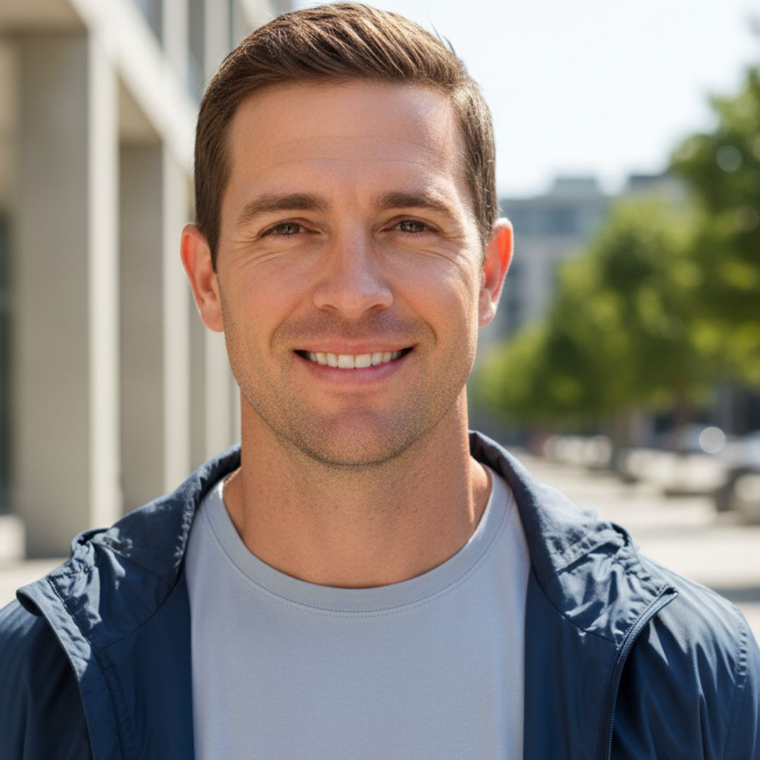 Man wearing a blue jacket over a gray shirt outdoors with blurred background
