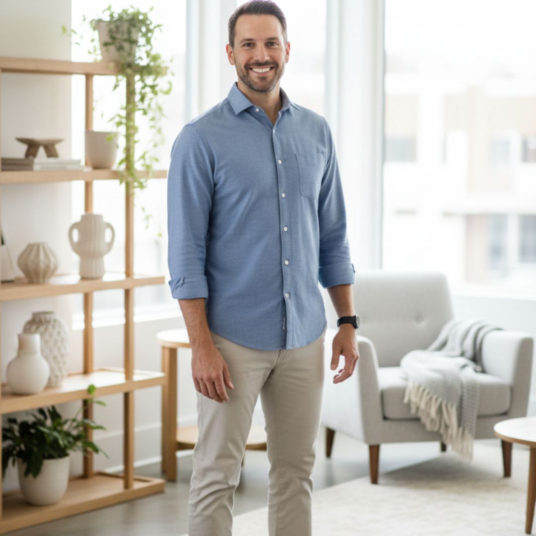 Man standing in a modern living room with a bookshelf and armchair.