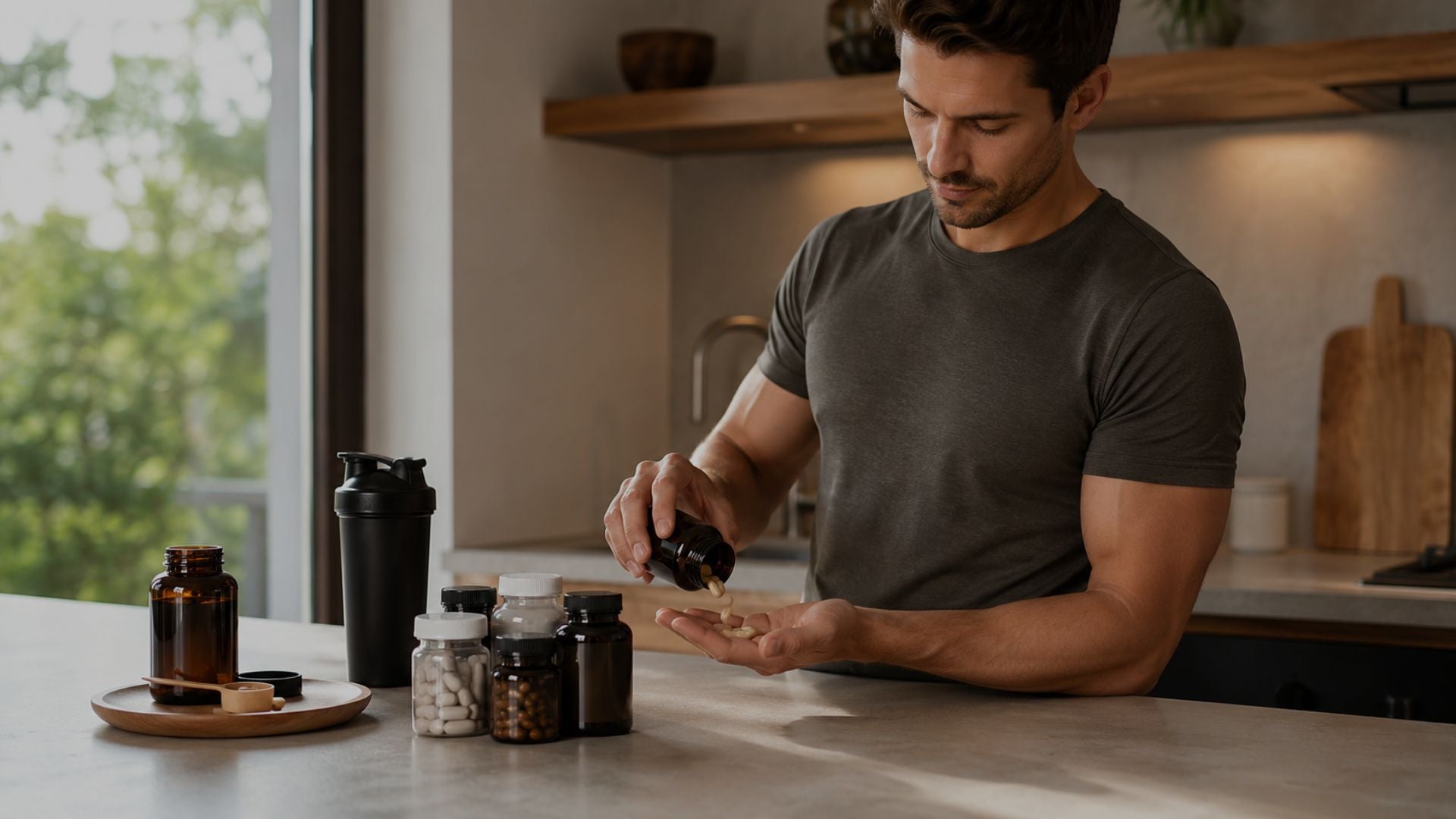 Man in a kitchen preparing supplements with jars and a shaker bottle on a counter.