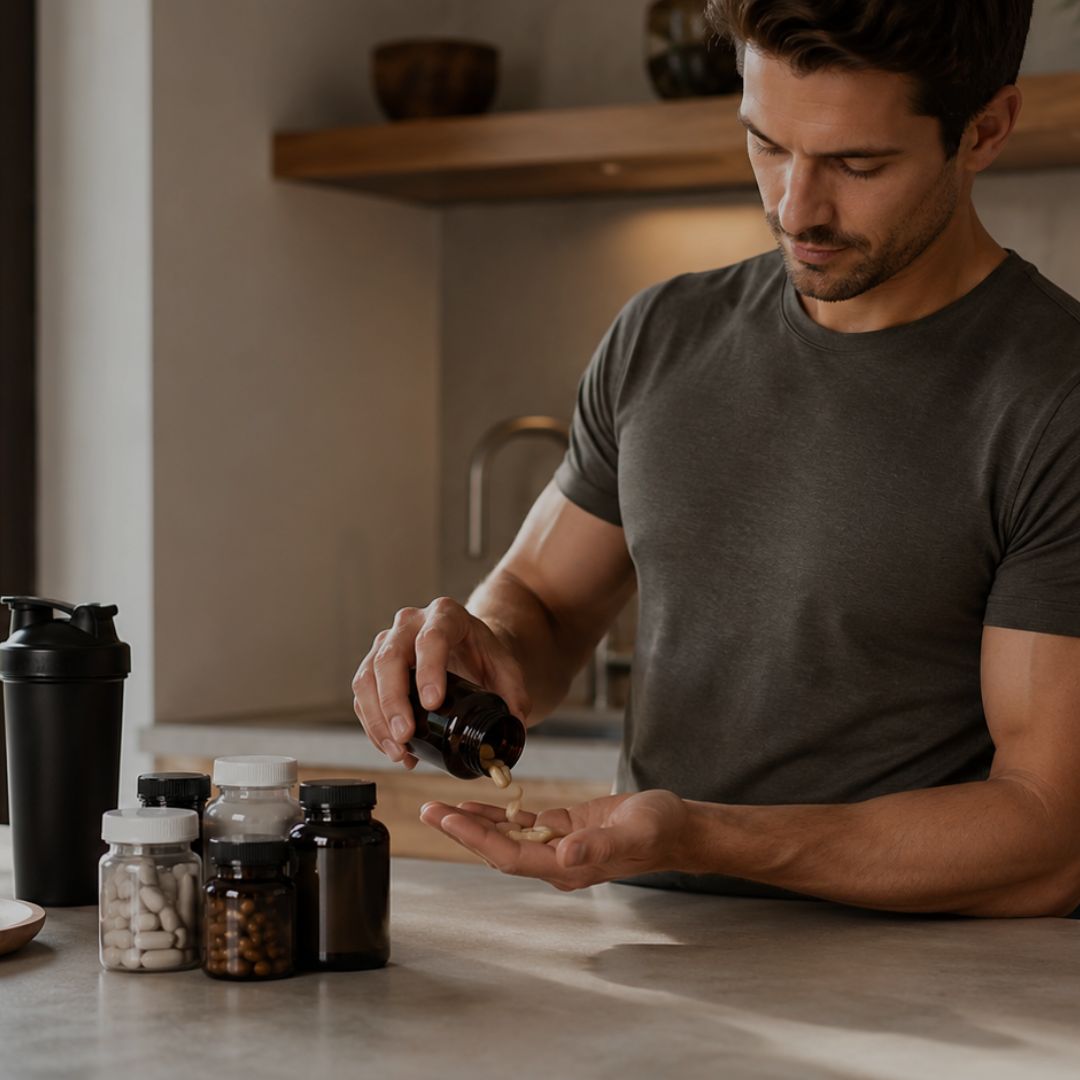Man pouring supplements from a bottle into his hand in a kitchen setting.