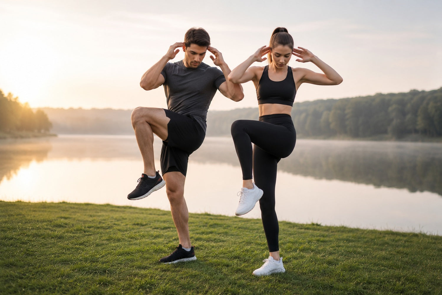 Two people exercising by a lake at sunset