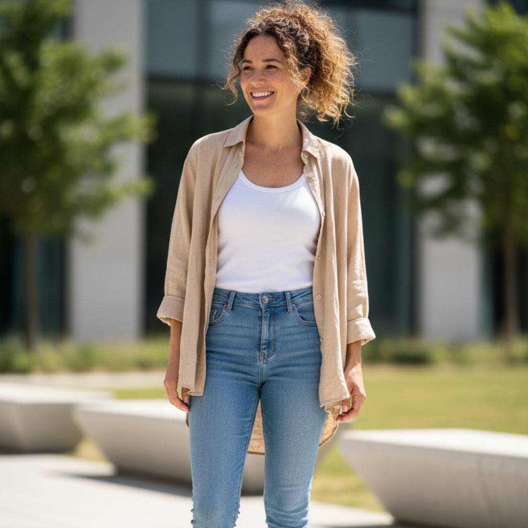 Woman standing outdoors wearing a beige shirt, white top, and blue jeans.