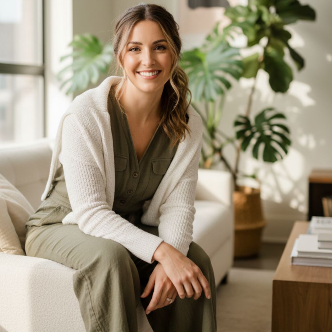 Woman sitting on a couch in a cozy living room with plants and books.