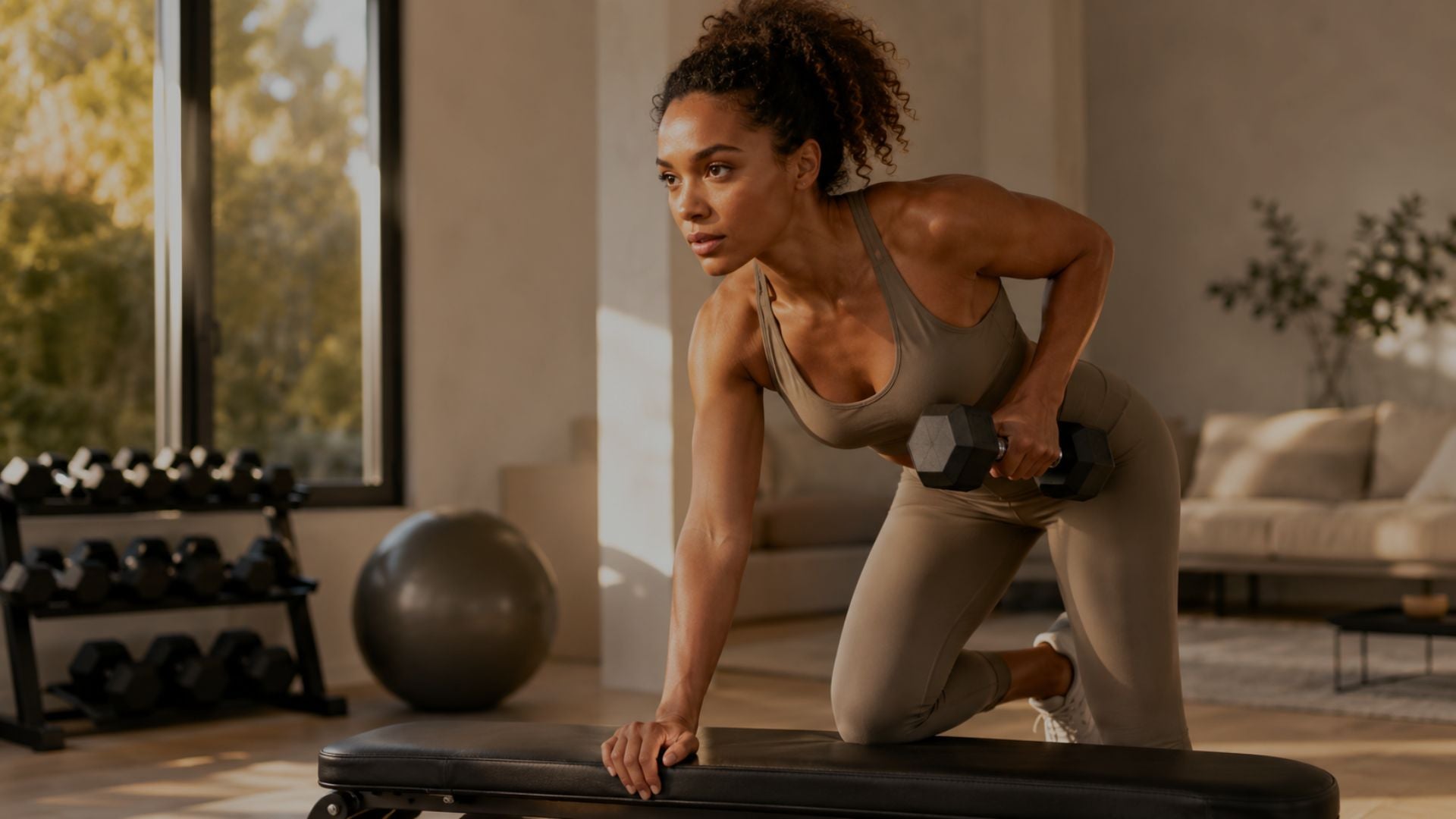 Woman exercising with dumbbells in a home setting